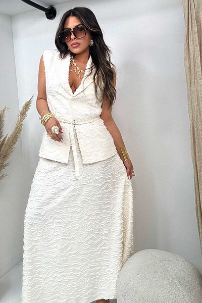 Sohotique By P Belted Textured Vest Suit Off White