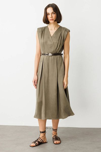 Ekol Draped Dress with Belted Waist and Shoulder