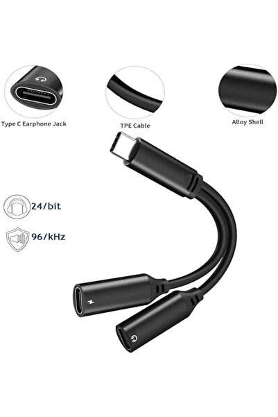Generic موزع سماعات رأس USB-C ومحول شاحن 2 في 1 مع شحن سريع متوافق مع جميع منافذ C