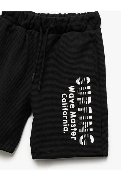 Koton Slogan Printed Shorts Tie Waist Pocket Detail Black Boy Shorts 5Skb40028Tk