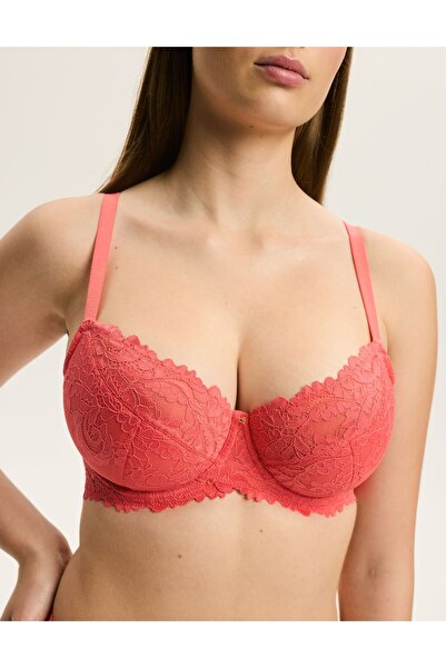 ESOTIQ Sutien semi-bumbat cu armătură, dantelă florală, inimă aurie, elegant și clasic | Lynn