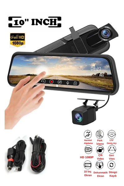 BEKAZE 10 İnç Dikiz Aynası Araç Kamerası Full HD 1080P Tam Ekran Dokunmatik G...