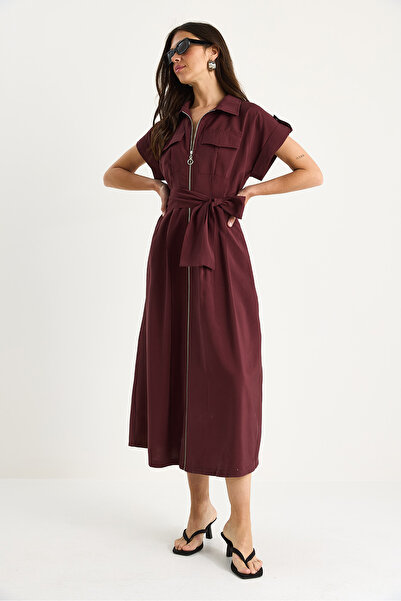 Bianco Lucci Women's Pocket and Zipper Detailed Belted Collar Long Dress Chd27 60283335