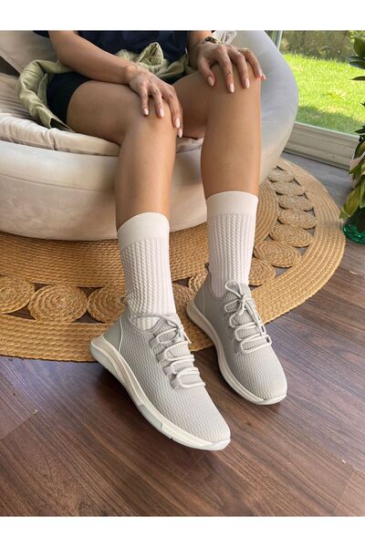 İnan Ayakkabı Kadın Gri Triko Nefes Alabilen Kumaş Koku Ve Terleme Yapmaz Sneakers 4 Cm Taban