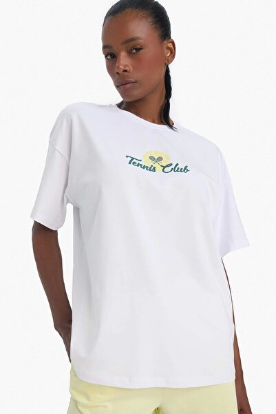 DeFacto E3595 Beyaz DeFactoFit Oversize Geniş Kalıp Bisiklet Yaka Sırt Baskılı Sporcu Kısa Kollu Tiş