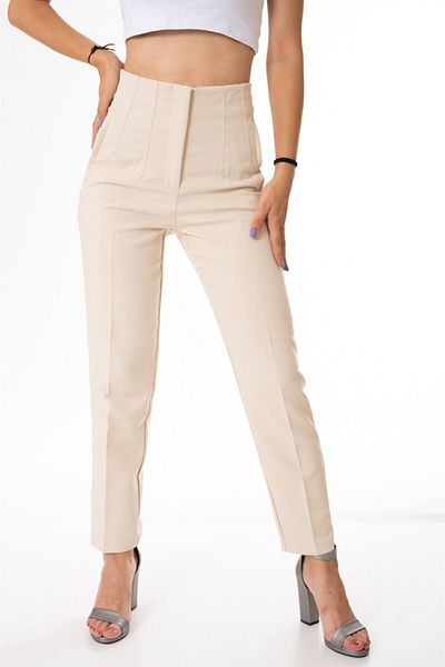 MODAF High Waist Beige Women's Trousers - Collared Fabric