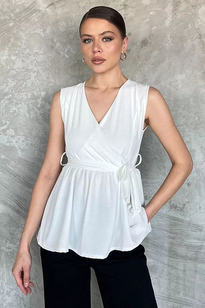 GÜLSELİ White Double Breasted Neck Waist Elastic Zero Sleeve Women's Blouse