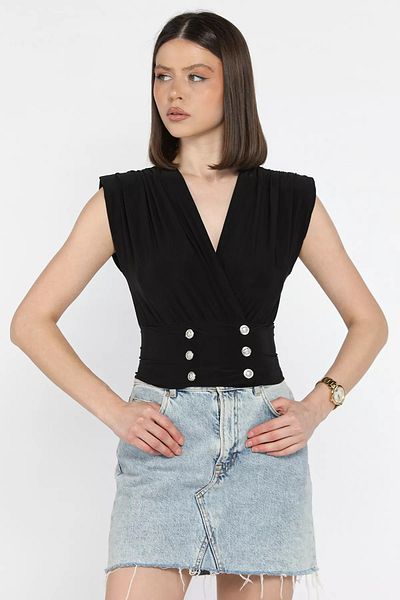 GÜLSELİ Black Women's Double Breasted Collar Button Detailed Pleated Blouse
