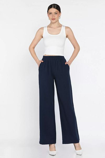 GÜLSELİ Pantaloni largi pentru femei albastru bleumarin cu talie elastică
