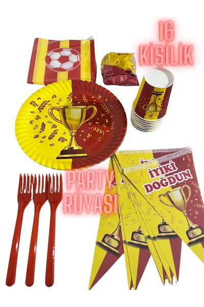 partyrüyası Yellow Red Mug Themed Birthday Set for 16 People with Streamers