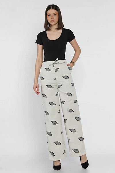 GÜLSELİ Taşsiyah Women's Elastic Waist Embroidered High Waist Linen Trousers