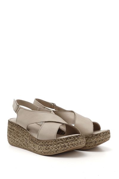 GÖNDERİ(R) Women / Girls Beige Antique Velcro Strap Wedge Sole Genuine Leather Sandals