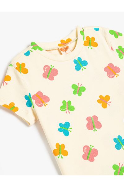 Koton Butterfly Printed Crew Neck Short Sleeve Cotton T-Shirt