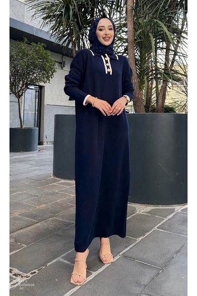 KURGAN TEKSTİL Oversize Buttoned V-Neck Ribbed Knitwear Hijab Dress