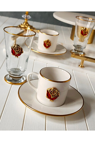 REGNA HOME Fine Living Love Roses 6 Piece Coffee Cup Set with 2 Person Decorative Glasses