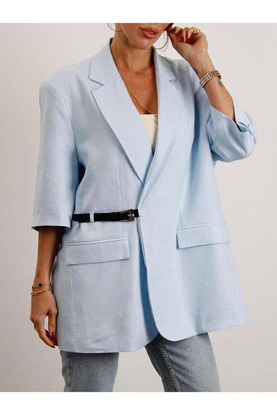 Maldia Shop Women's Double Breasted Collar Belted Blue Linen Jacket