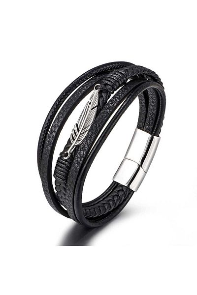 Toro Nero Brățară bărbătească din piele naturală argintie cu model Leaf