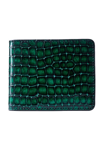 GT Collection , Men's Croc-Print Wallet - Green Genuine Leather Size: 11cm x 8.8cm x 0.9cm