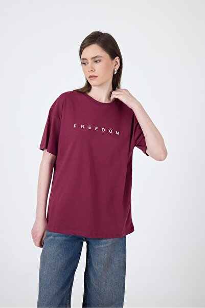 Rays تي شيرت قطني كبير الحجم مطبوع عليه نص عنابي 2150-3M