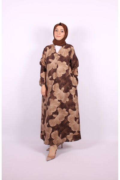 Tuğba Sarı Desenli Kahverengi Elbise