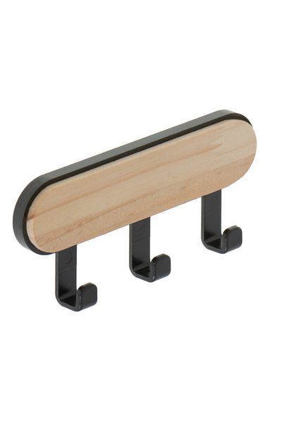 OEM Self-adhesive hanger, 3 hooks, Wood, Plastic, Beige, Black