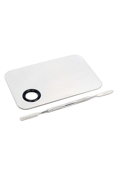 OEM Makeup palette set for mixing cosmetics with spatula, 11.5 x 7.5 cm, stainless steel, silver