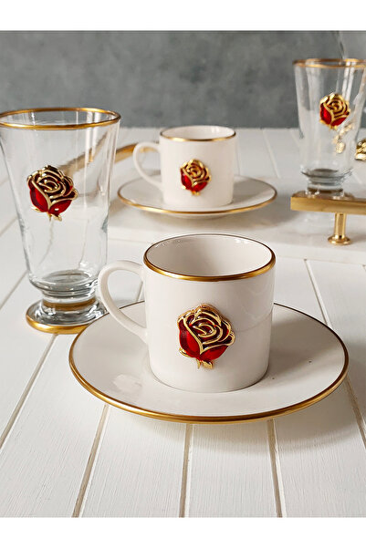 REGNA HOME Fine Living Love Roses 6 Piece Coffee Cup Set with 2 Person Decorative Glasses