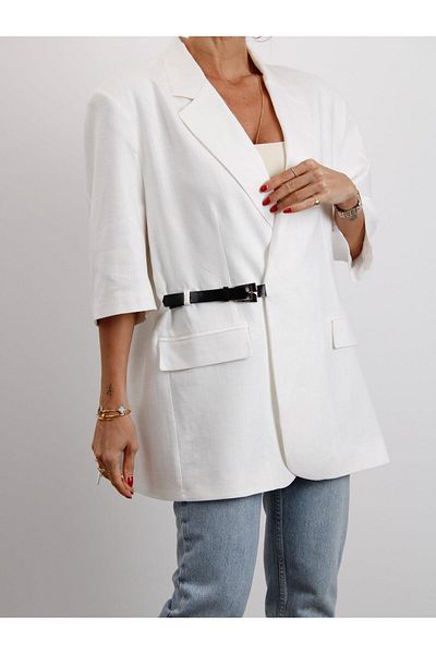 Maldia Shop Women's Double Breasted Collar Belted White Linen Jacket