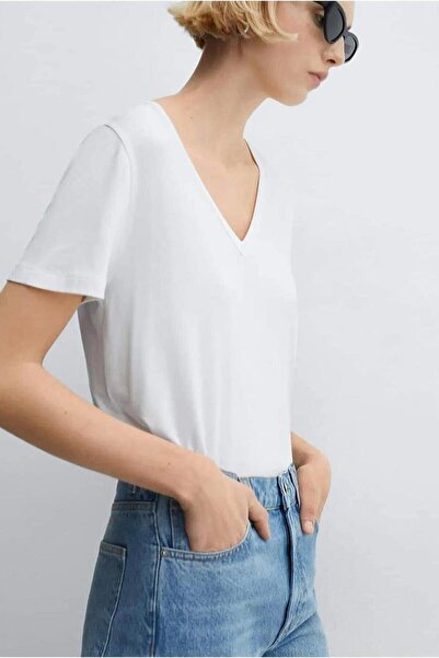 Nazen Giyim V-Neck Short Sleeve White Women's Bluz 0021-2Y5