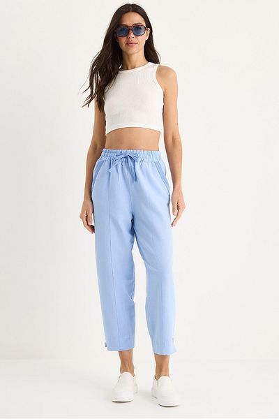 Bianco Lucci Pantaloni de damă din in, cu talie elastică, cu șireturi, cu buzunare, cu tăietură morcov 3875 60261419