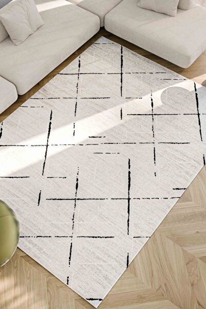 Serente Home Geometric Patterned Washable Non-Slip Base Chenille Carpet Beige Black Runner 4171