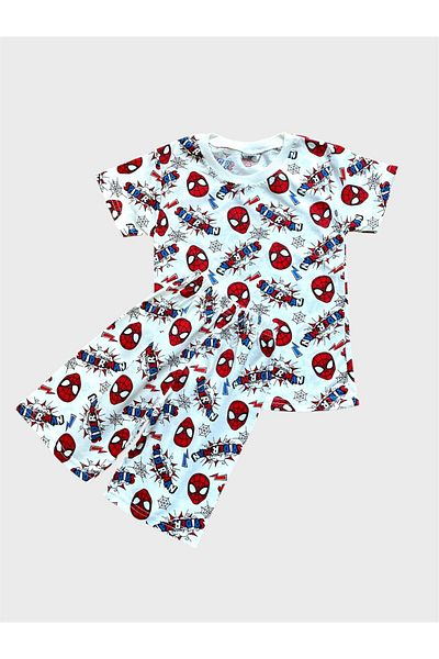 ALİŞ KİDS Boys' Cotton White Spiderman Patterned Short Sleeve Shorts Summer Pajama Set