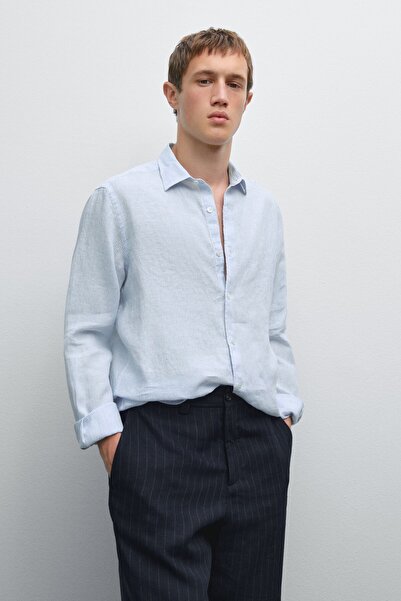 Massimo Dutti Çizgili slim fit keten gömlek