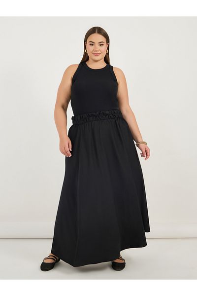 Styli Plus Size Solid Elasticated Waistband A-Line Maxi Skirt