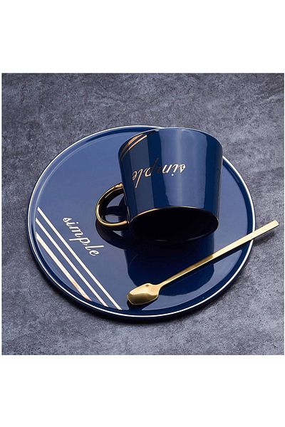 JOVY Porcelain Cup, Saucer And Spoon Set, Simple Blue