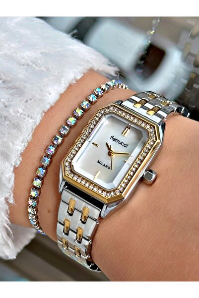 Ferrucci Ferrucci̇ Square Stone Gold Silver Metal Woman Wristwatch