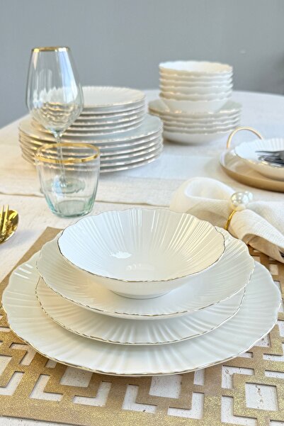 porselenden Aura Gold 24 Parça 6 Kişilik Premium Porselen Özel Misafir Kırık Beyaz Yemek Takımı