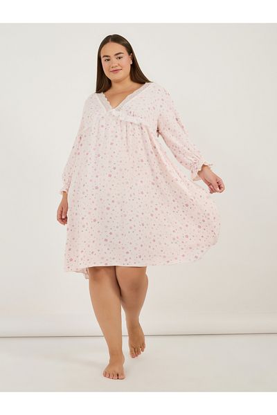 Styli Plus Size All Over Floral Print V Neck Nightdress with Lace Detail