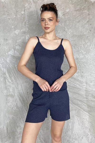 GÜLSELİ Navy Blue Women's Double Suit with Self-Line Patterned Shorts