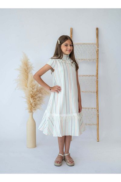 Stayele Girls Pastel Striped Dress with Lace Trim