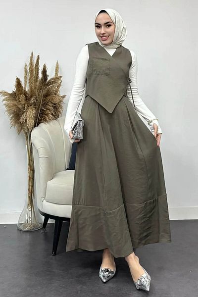 Tesettür Diyarı Tansel Fabric Efil Efil Vest Suit-Khaki