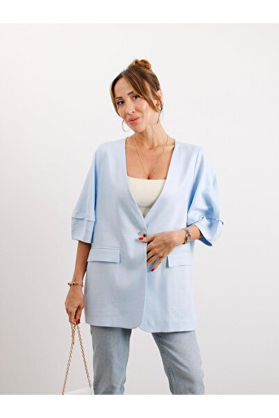 Maldia Shop Жіночий без підкладки синій балонний рукав льняний піджак