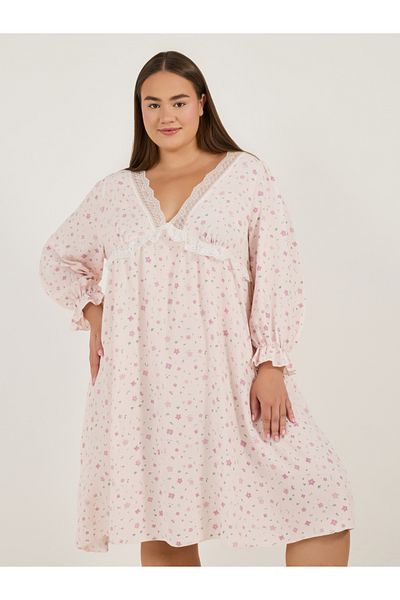 Styli Plus Size All Over Floral Print V Neck Nightdress with Lace Detail
