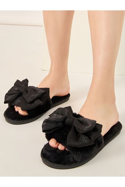 Styli Plush Bow Design Bedroom Slippers