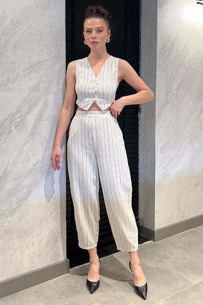 GÜLSELİ Stone Women's Line Patterned Linen Vest Trousers Double Set