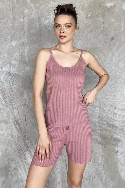 GÜLSELİ Dried Rose Women's Double Set with Self-Stripe Patterned Shorts