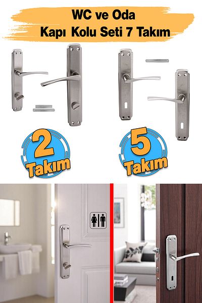 Badem10 Room Door Handle (5 Sets) + Wc Bathroom Door Handle (2 Sets) Toilet Door Handle Set Suitable for Right and Left