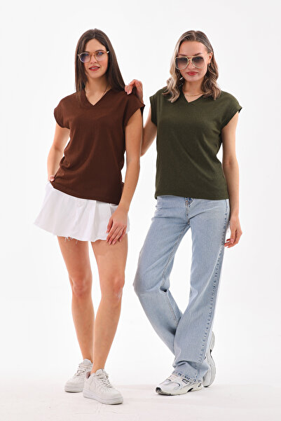 DEVRİMAY TEKSTİL بلوزة نسائية باللون الكاكي والبني مكونة من قطعتين ورقبة على ...