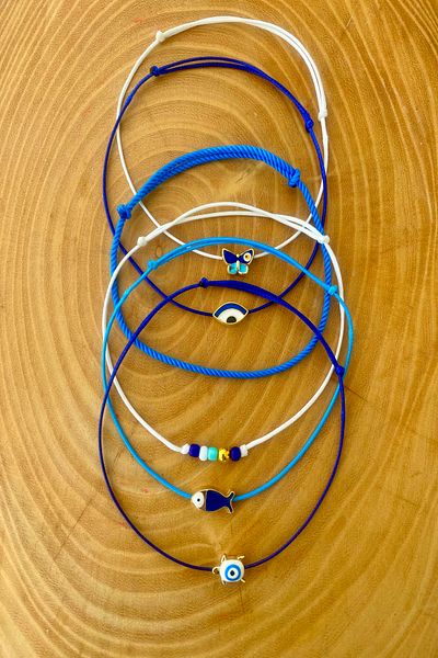 Shepidi 6'Lı Butterfly Fish Turtle Eye Object Blue and Navy Blue Beaded Rope Anklet
