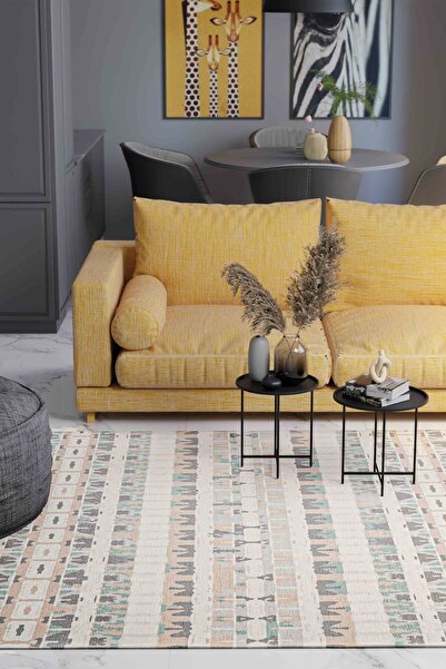 Serente Home İskandinav Çizgi Desenli Yıkanabilir Kaymaz Taban Şönil Krem Turuncu Salon Halısı 4164